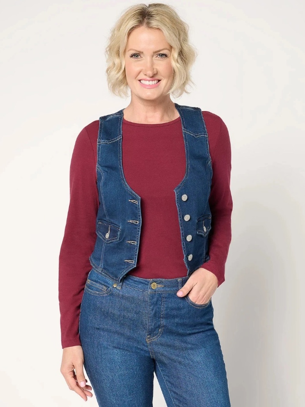 Nicole Miller Button Front Dark Blue Denim Vest